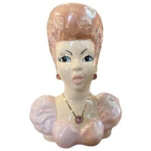 Vintage Jewels 5.5" Lady Head Vase Pink Lusterware Rhinestone Jewelry MCM Japan